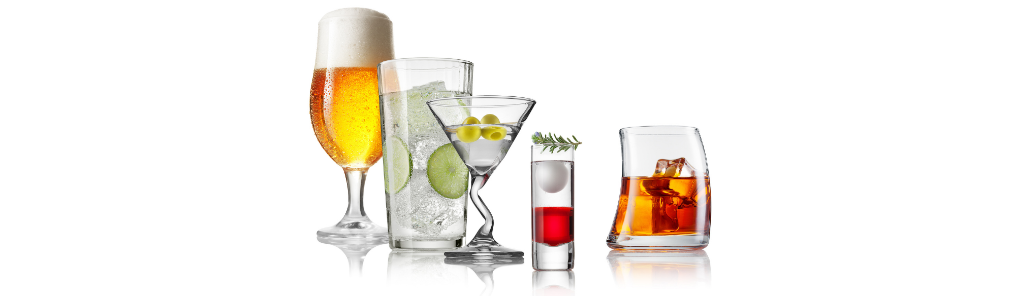 variety of alcoholic beverages against a white background 